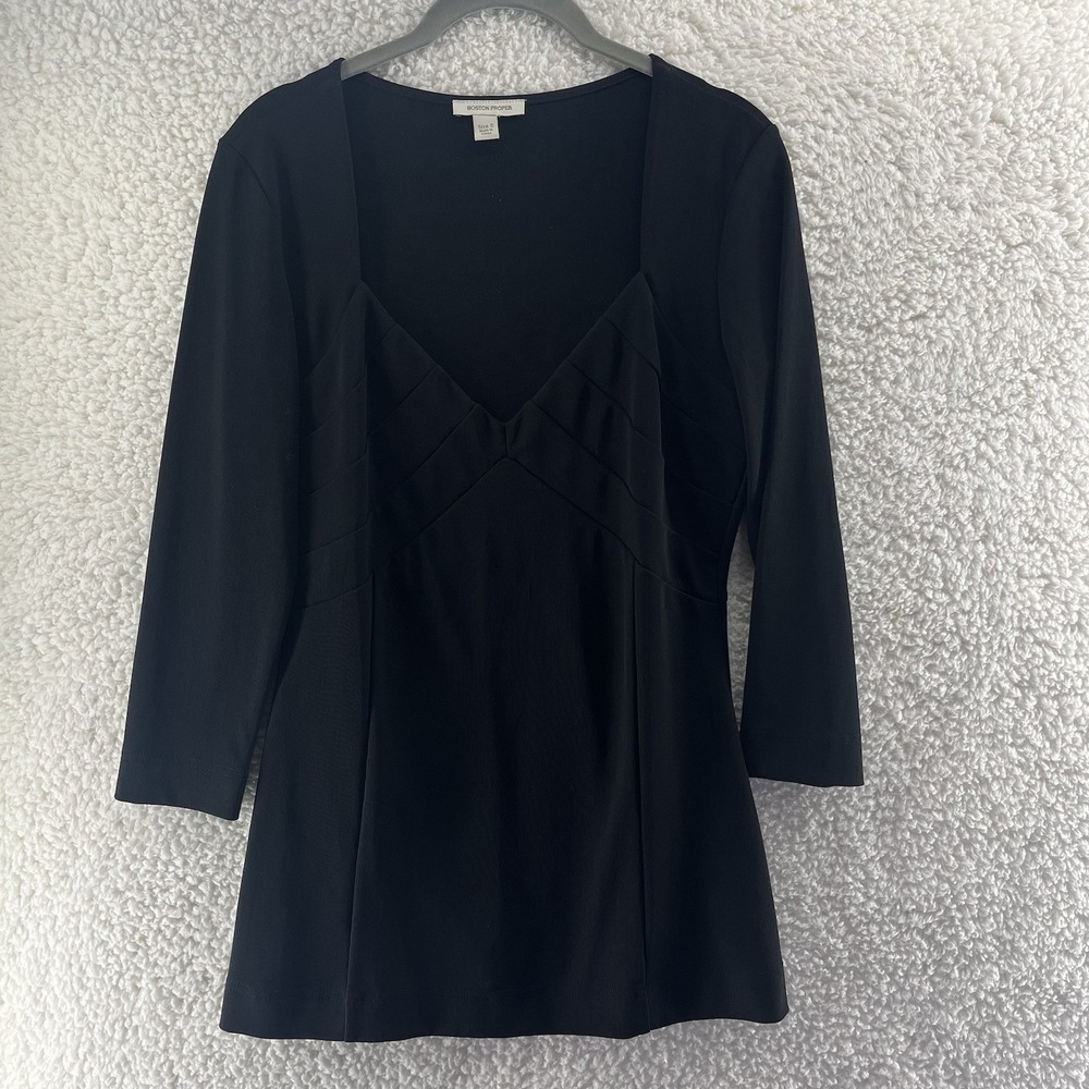 Boston Proper‎ Blouse Women's Size Small Solid Black V-Neck Effortless Capsule